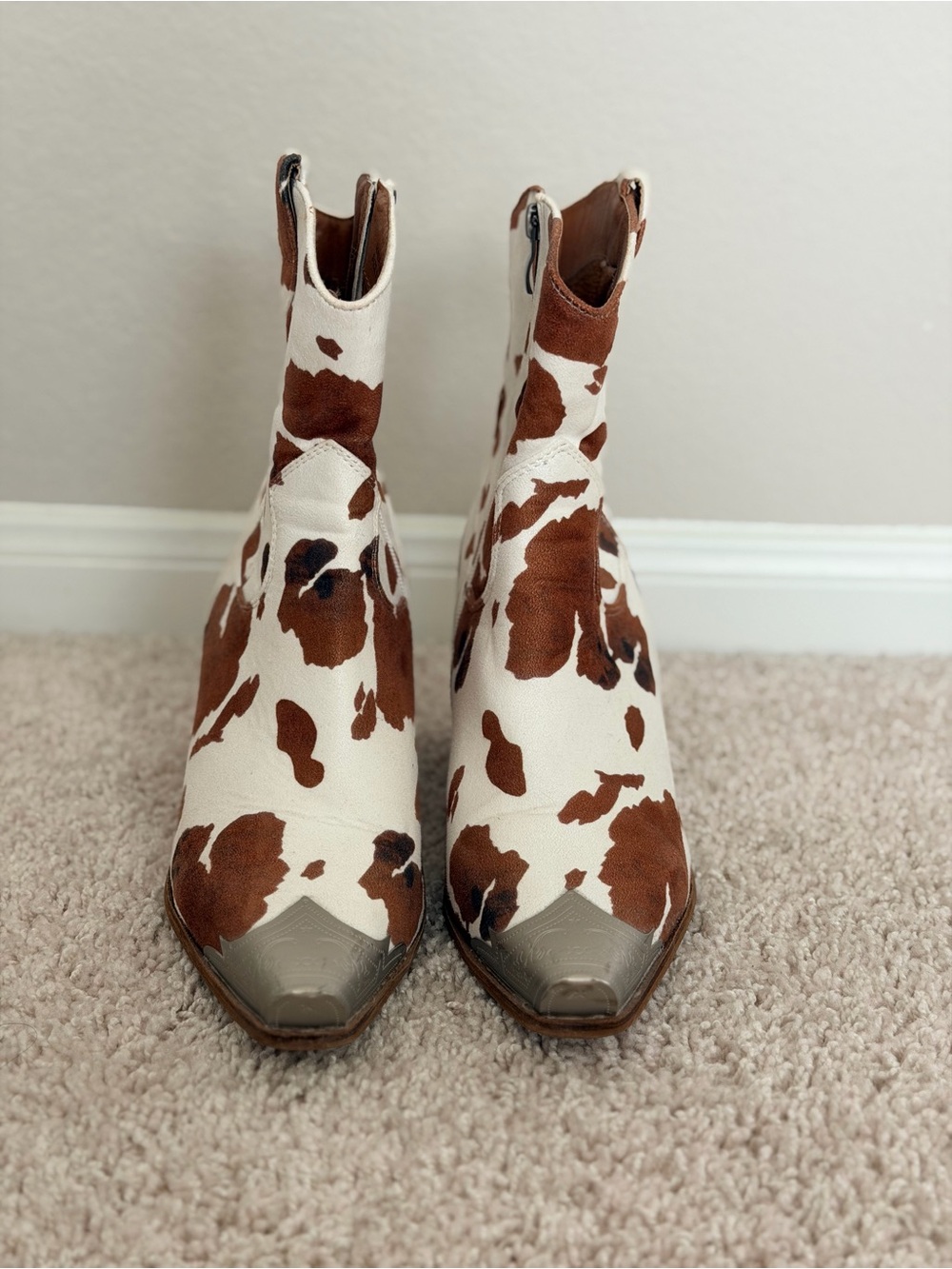 BEAST FASHION Brown & White Cow-Print Ankle Boots with Metallic Toe - Picture 2 of 4